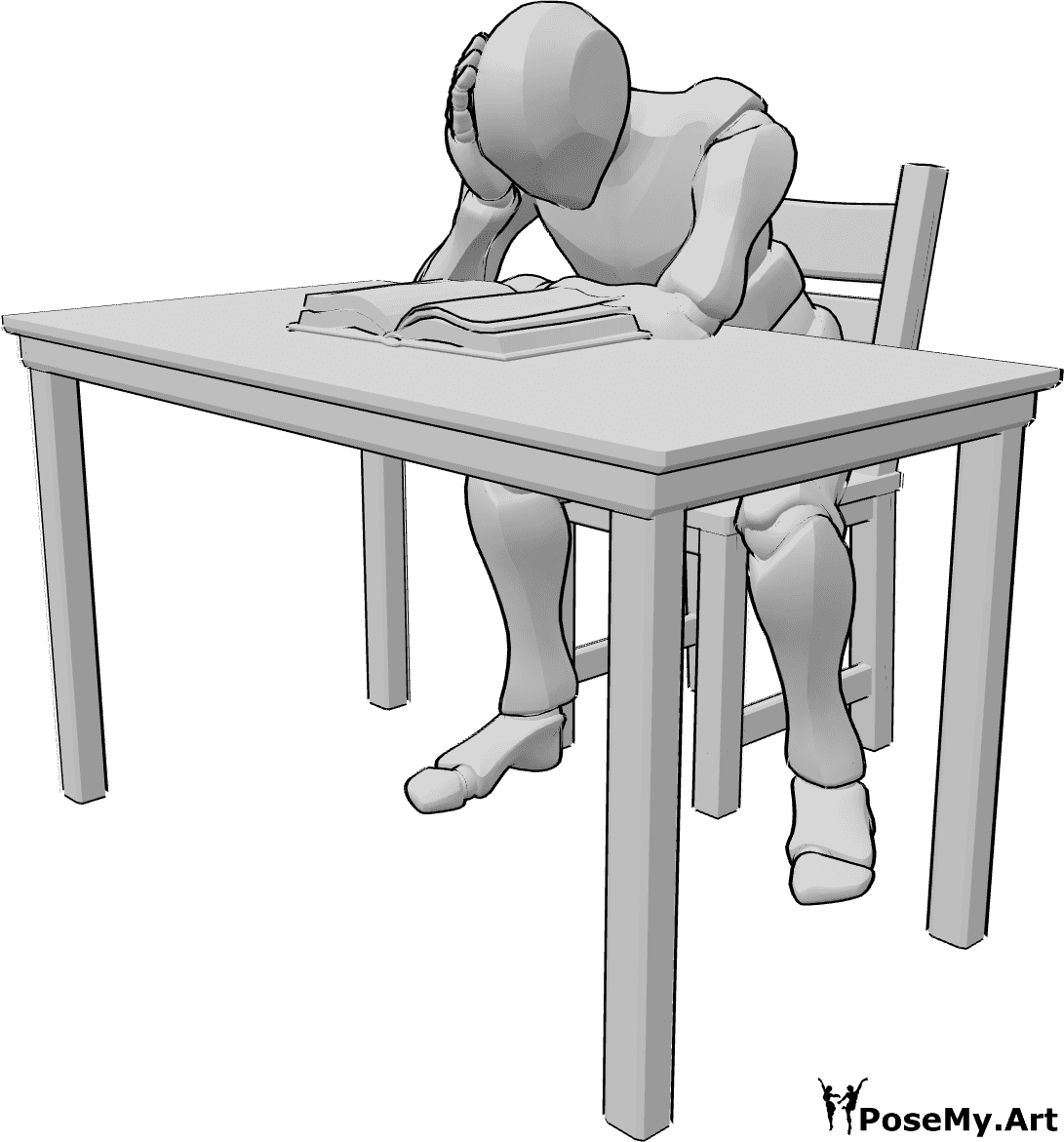 Referencia de poses- Hombre cansado leyendo pose - El hombre está sentado y leyendo en la mesa, sujetándose la cabeza, cansado y medio dormido