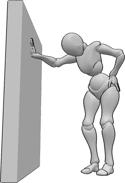 Posen-Referenz- Weibliche Ruhestellung - Frau ist müde, steht und lehnt sich mit der rechten Hand an die Wand
