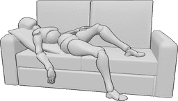 Referencia de poses- Postura tumbada cansada - Mujer cansada, tumbada en el sofá y durmiendo, pose de mujer cansada durmiendo