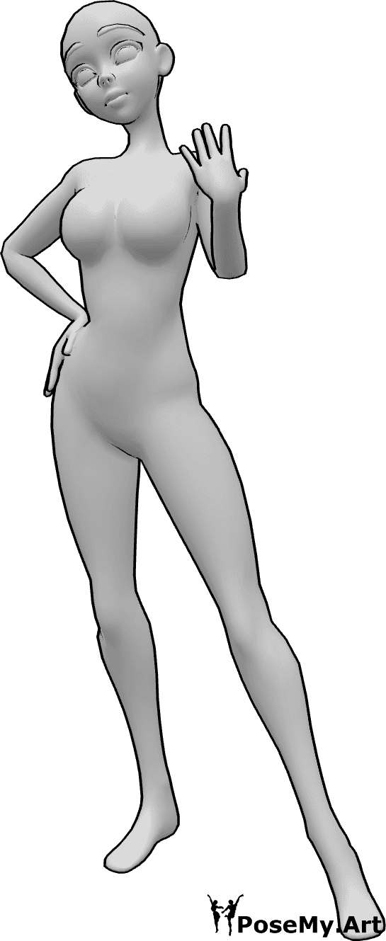 Referencia de poses- Pose de mujer anime segura de sí misma - Mujer anime segura de sí misma en pose de pie