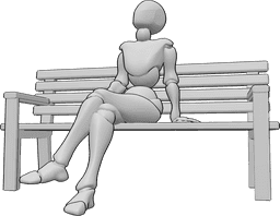 Riferimento alle pose- Posizione seduta con lo sguardo rivolto verso l'alto - La donna è seduta sulla panchina con le gambe incrociate e lo sguardo rivolto verso l'alto