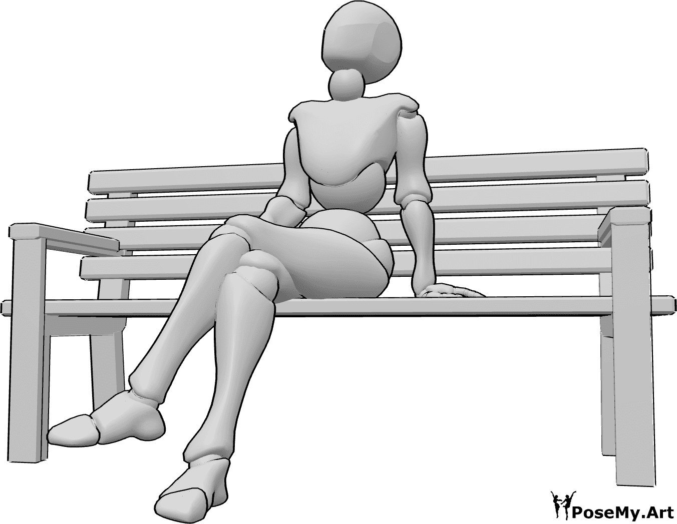 Référence des poses- Pose assise regardant vers le haut - La femme est assise sur le banc, les jambes croisées et regarde vers le haut.