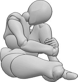 Pose Reference- Female anxious sitting pose - Female is sitting on the ground anxiously, looking down and hugging her knees
