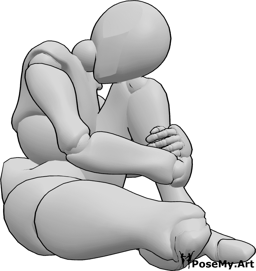 Pose Reference- Female anxious sitting pose - Female is sitting on the ground anxiously, looking down and hugging her knees