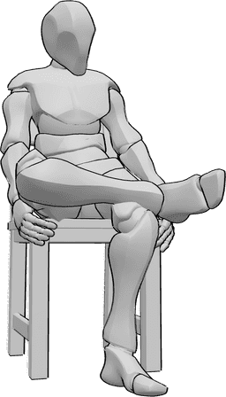 Référence des poses- Homme anxieux en position assise - L'homme est assis, anxieux, tenant la chaise et croisant les jambes.