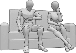 Référence des poses- Pose d'un couple anxieux - Une femme et un homme sont assis sur le canapé, anxieux, l'un à côté de l'autre.