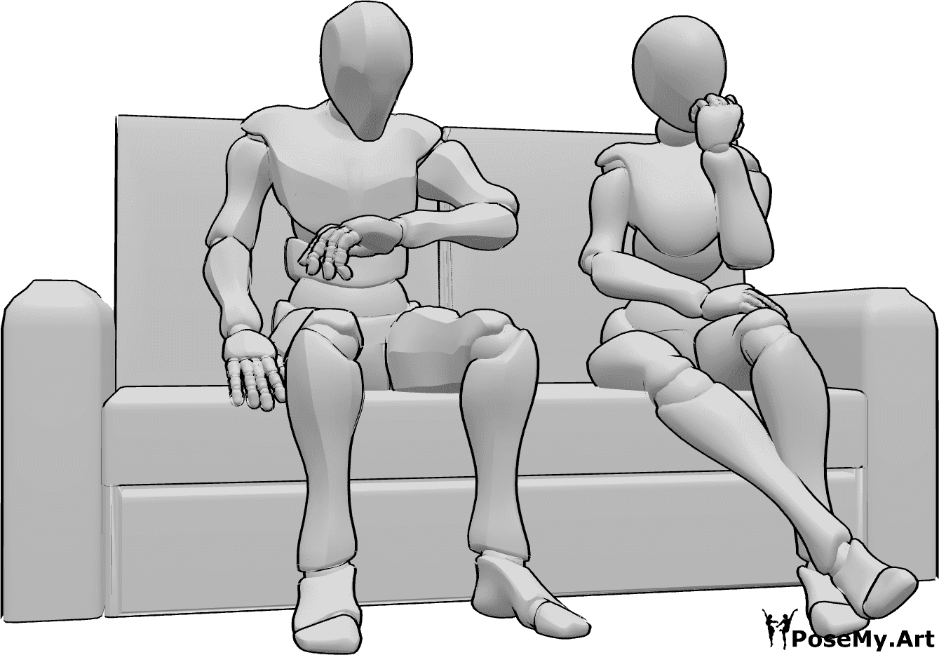 Pose Reference- Anxious couple pose - Female and male are sitting on the couch anxiously next to each other