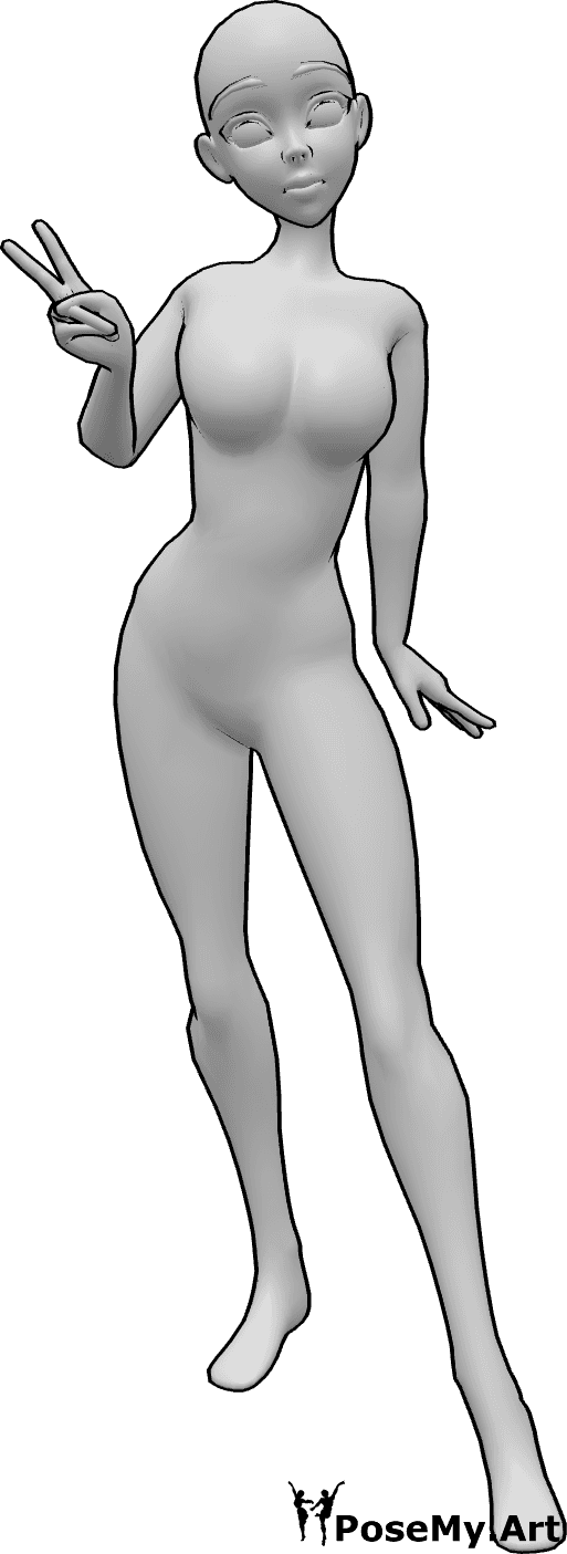 Referencia de poses- Anime lindo hola pose - Simpática mujer anime de pie mostrando pose de 