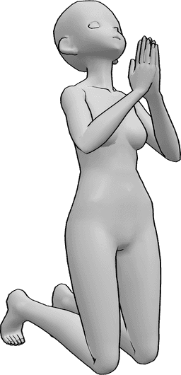 Posen-Referenz- Anime weibliche betende Pose - Anime weiblich kniet, schaut auf und betet, Anime betende Pose