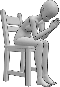 Référence des poses- Anime assis en train de prier - Une femme blanche est assise sur la chaise et prie, en croisant les mains et en regardant vers le bas.