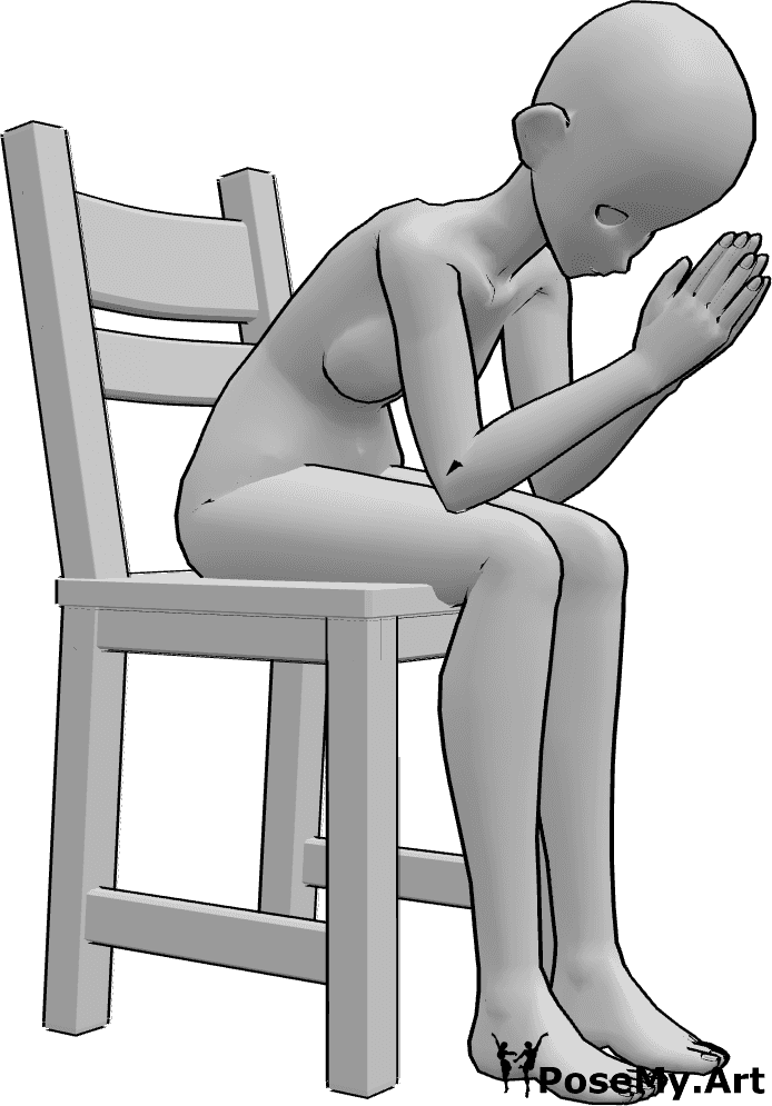 Pose Reference- Anime sitting praying pose - Anime female is sitting on the chair and praying, folding her hands and looking down