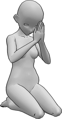 Posen-Referenz- Anime kniend betende Pose - Anime-Frau kniet und betet, faltet die Hände und schaut nach unten