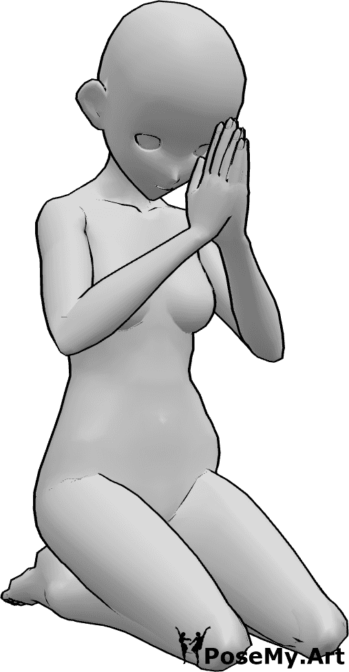 Pose Reference- Anime kneeling praying pose - Anime female is kneeling and praying, folding her hands and looking down