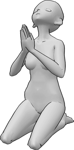 Référence des poses- Pose de prière en regardant vers le haut - Un personnage féminin est agenouillé, croise les mains, prie et regarde en l'air.