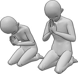 Pose Reference- Anime praying together pose - Anime female and male are sitting, kneeling next to each other and praying