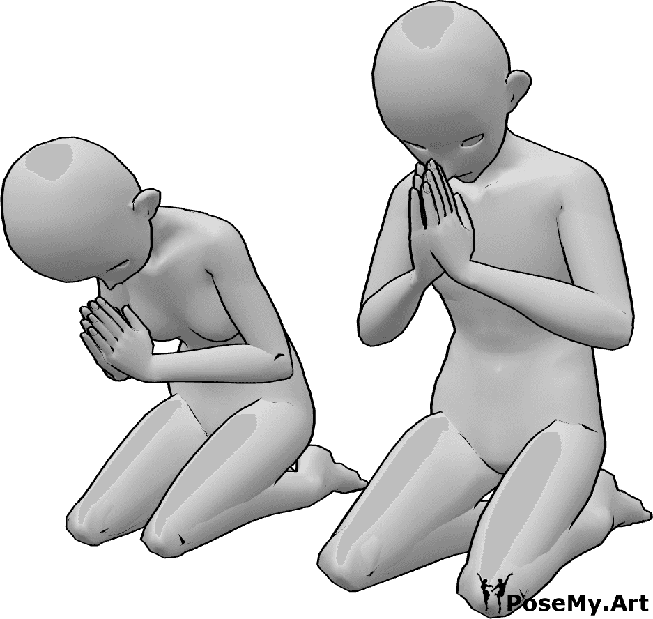 Pose Reference- Anime praying together pose - Anime female and male are sitting, kneeling next to each other and praying