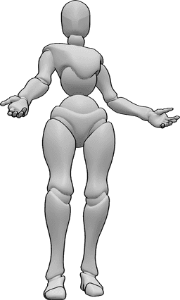 Riferimento alle pose- Posa femminile a braccia aperte - La donna è in piedi, confusa, e allarga le braccia, non capisce qualcosa.