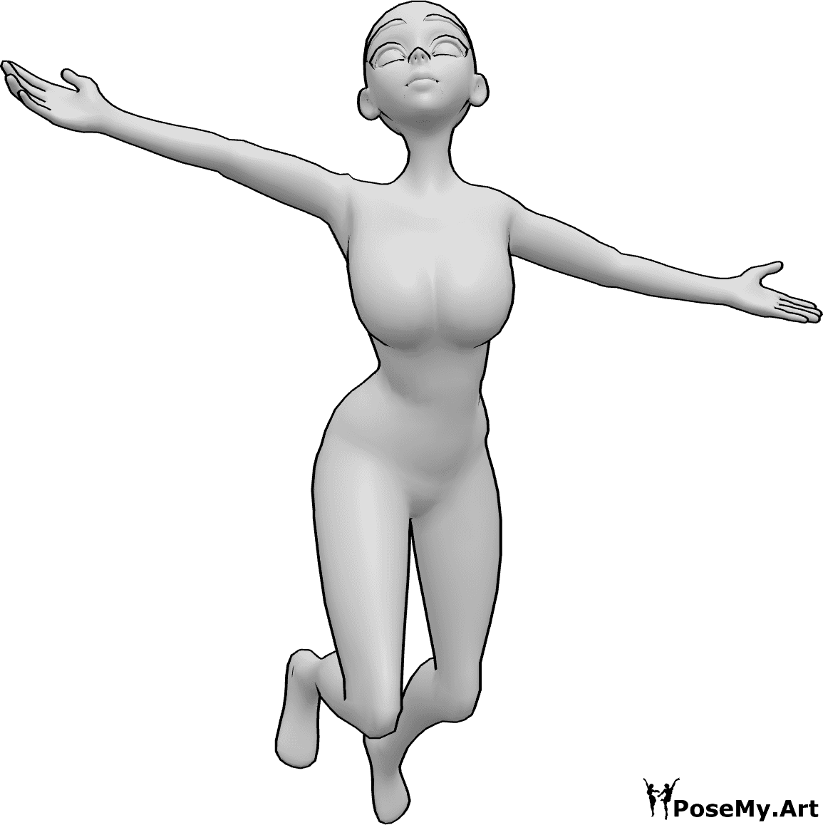 Referencia de poses- Anime feliz saltando pose - Mujer anime feliz está saltando y mirando al cielo pose