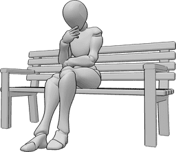 Posen-Referenz- Nachdenkliche Pose mit Blick nach unten - Frau sitzt auf der Bank, schaut nach unten und denkt