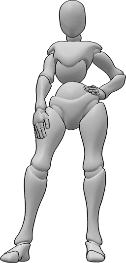 Referencia de poses- Postura de pie mirando hacia abajo - Mujer de pie, segura de sí misma, con la mano izquierda en la cadera y mirando hacia abajo.