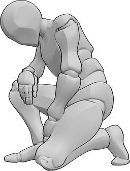 Posen-Referenz- Kniend mit Blick nach unten Pose - Trauriges Männchen kniet und schaut nach unten, schaut nach unten, Zeichnungsbezug