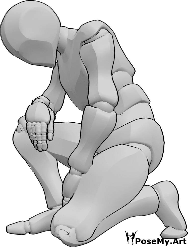 Pose Reference- Kneeling looking down pose - Sad male is kneeling and looking down, looking down drawing reference