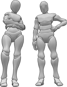 Riferimento alle pose- Posa femminile maschile in piedi - La donna e l'uomo sono in piedi l'uno accanto all'altro e guardano in basso
