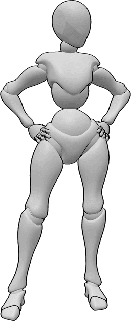 Référence des poses- Pose nerveuse en position debout - Une femme nerveuse se tient debout, les mains sur les hanches, et regarde vers la gauche.