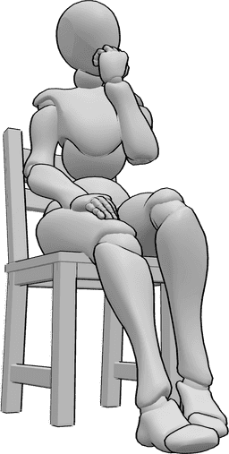 Referência de poses- Mulher nervosa em pose sentada - A mulher está sentada na cadeira, nervosa, a roer as unhas