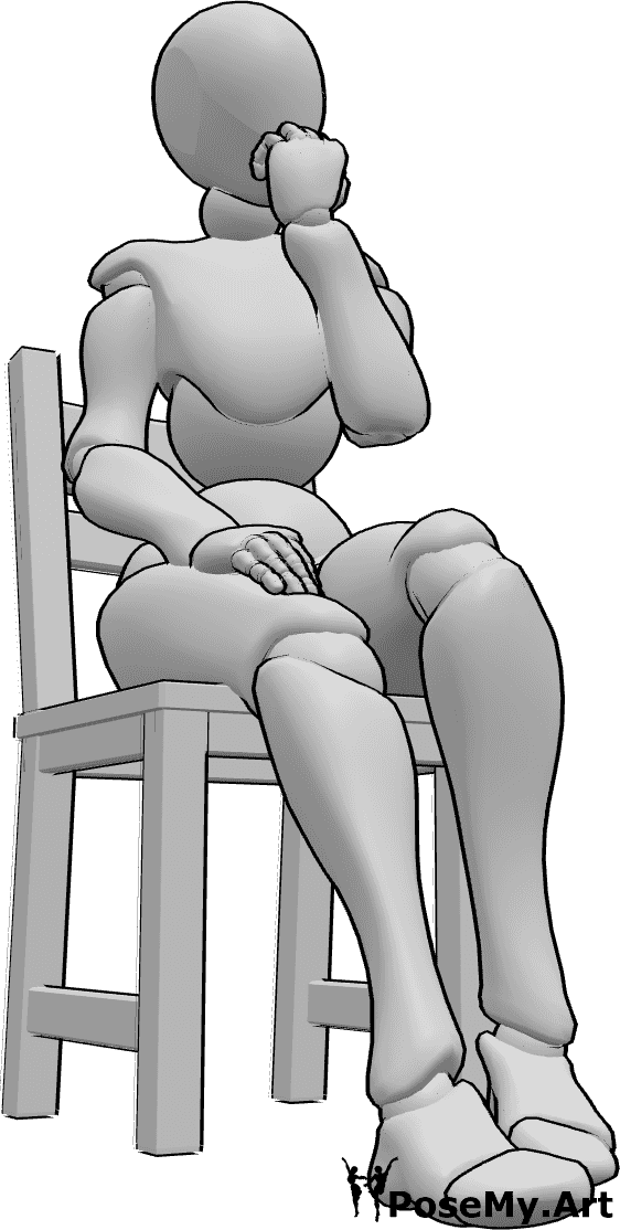 Pose Reference- Nervous female sitting pose - Female is sitting on the chair nervously, biting her nails