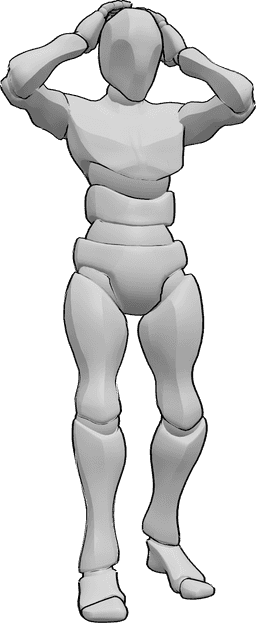 Posen-Referenz- Nervöse männliche Pose - Das Männchen steht und hält sich nervös mit beiden Händen den Kopf