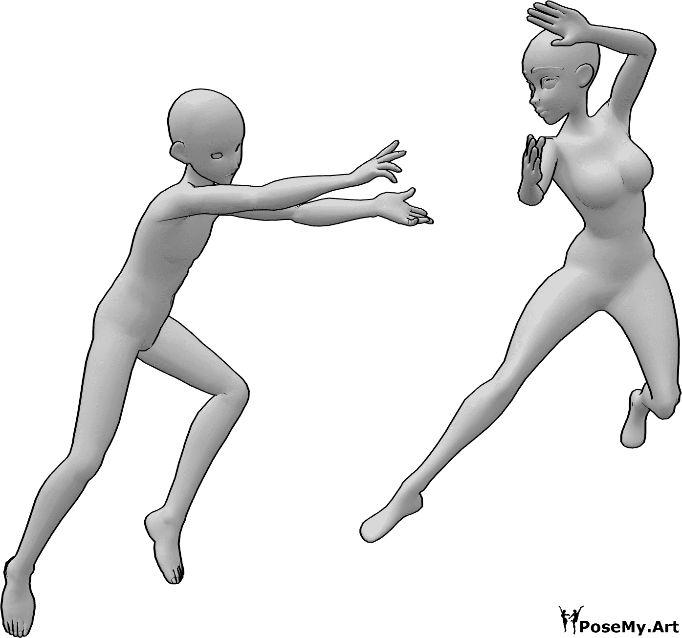 Referência de poses- Pose de luta de um duo de anime - Anime feminino e masculino numa luta de fantasia no ar com pose de poderes mágicos