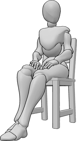 Référence des poses- Pose assise regardant vers la gauche - La femme est assise de manière décontractée, les mains posées sur les cuisses et regardant vers la gauche, elle regarde quelque chose.