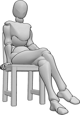 Posen-Referenz- Bequeme Sitzhaltung der Frau - Die Frau sitzt bequem mit gekreuzten Beinen auf dem Stuhl