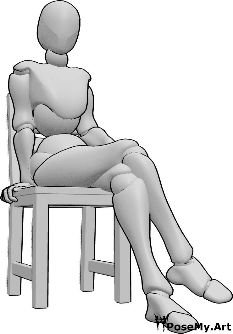 Référence des poses- Femme en position assise confortable - La femme est assise confortablement sur la chaise, les jambes croisées.