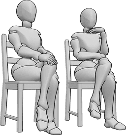 Referencia de poses- Mujeres sentadas - Dos mujeres están sentadas una al lado de la otra, sentadas en una silla dibujando la referencia