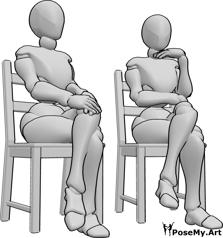 Pose Reference- Females sitting pose - Two females are sitting next to each other, sitting on chair drawing reference