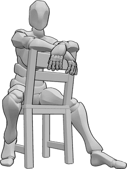 Référence des poses- Posture assise en arrière - L'homme est assis confortablement sur la chaise, vers l'arrière.
