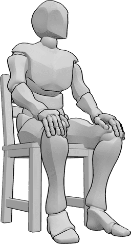 Posen-Referenz- Männlich lässig sitzende Pose - Der Mann sitzt lässig auf dem Stuhl und stützt seine Hände auf die Oberschenkel.