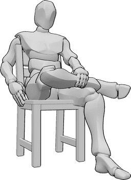 Referência de poses- Pose confortável de homem sentado - O homem está sentado confortavelmente na cadeira, cruzando as pernas e segurando o tornozelo