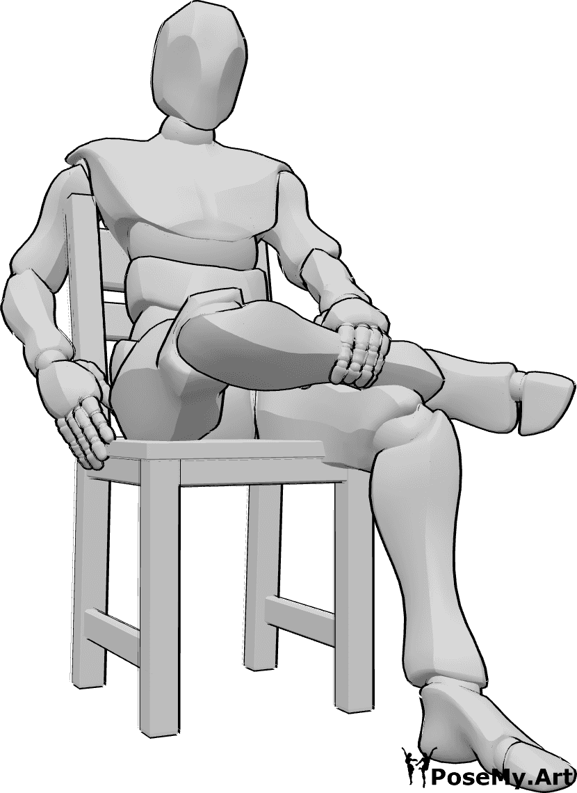 Référence des poses- Homme assis confortablement - L'homme est assis confortablement sur la chaise, croise les jambes et se tient la cheville.