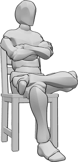Referência de poses- Postura sentada de braços cruzados - O homem está sentado na cadeira casualmente, com os braços e as pernas cruzados