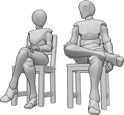 Riferimento alle pose- Posa seduta femminile maschile - Donna e uomo sono seduti l'uno accanto all'altro, seduti su una sedia di riferimento per il disegno