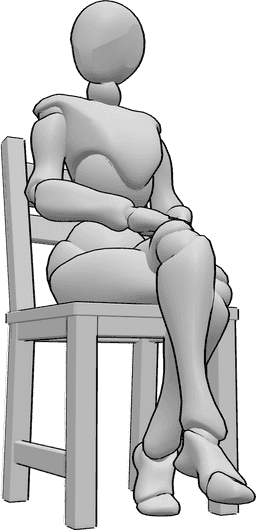 Référence des poses- Femme jambes croisées - La femme est assise sur la chaise, les jambes croisées et regarde vers la droite.