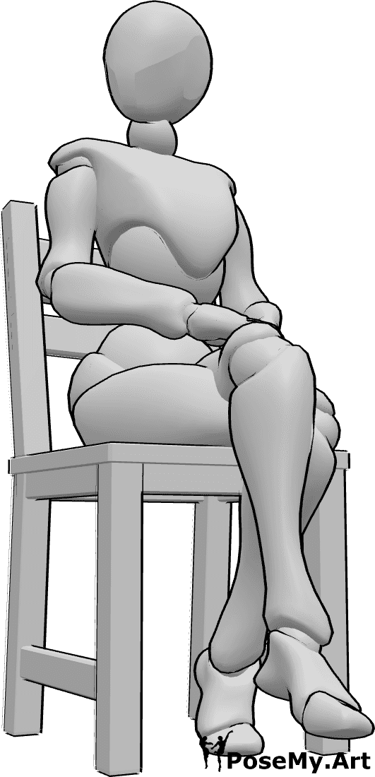 Pose Reference- Female crossed legs pose - Female is sitting on the chair with her legs crossed and looking to the right