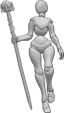 Referencia de poses- Postura flotante del bastón de mago - Una mujer sostiene un bastón de mago en la mano derecha y se cierne sobre ella.