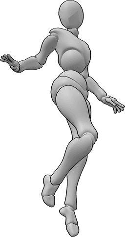 Posen-Referenz- Schwebende, sich zurückziehende Pose - Die Frau schwebt in der Luft, dreht sich um und schaut über ihre rechte Schulter zurück.