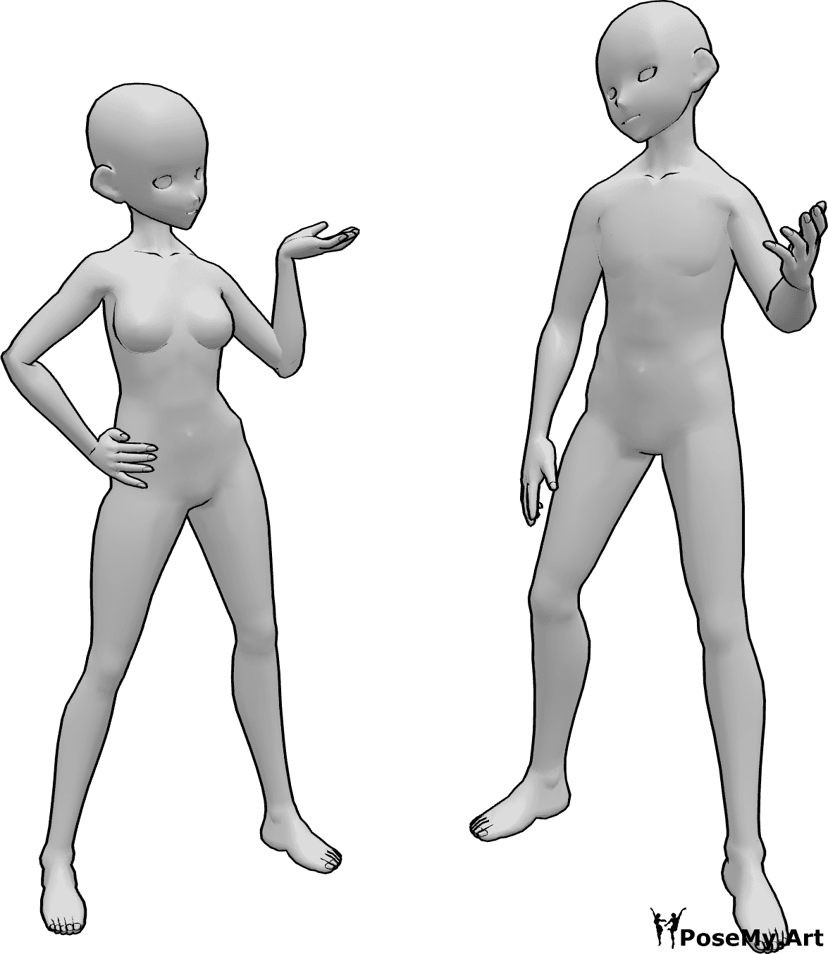 Referencia de poses- Postura de conversación femenina masculina - Anime femenino y masculino están discutiendo algo