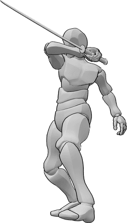 Referencia de poses- Asesino katana pose de ataque - Asesino masculino blandiendo su katana en la mano derecha, pose de ataque con katana.