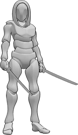 Referência de poses- Pose de assassino masculino em pé - Assassino masculino está de pé e segura katanas em ambas as mãos